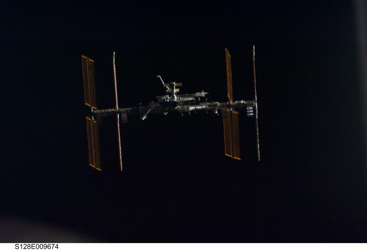 S128-E-009674 (8 Sept. 2009) --- Backdropped by the blackness of space, the International Space Station is seen from Space Shuttle Discovery as the two spacecraft begin their relative separation. Earlier the STS-128 and Expedition 20 crew concluded nine days of cooperative work onboard the shuttle and station. Undocking of the two spacecraft occurred at 2:26 p.m. (CDT) on Sept. 8, 2009.