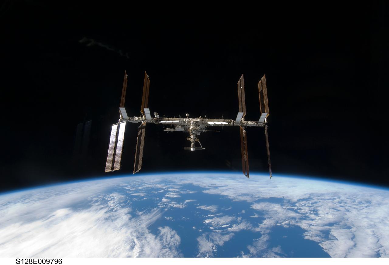 S128-E-009796 (8 Sept. 2009) --- Backdropped by Earth’s horizon and the blackness of space, the International Space Station is seen from Space Shuttle Discovery as the two spacecraft begin their relative separation. Earlier the STS-128 and Expedition 20 crew concluded nine days of cooperative work onboard the shuttle and station. Undocking of the two spacecraft occurred at 2:26 p.m. (CDT) on Sept. 8, 2009.