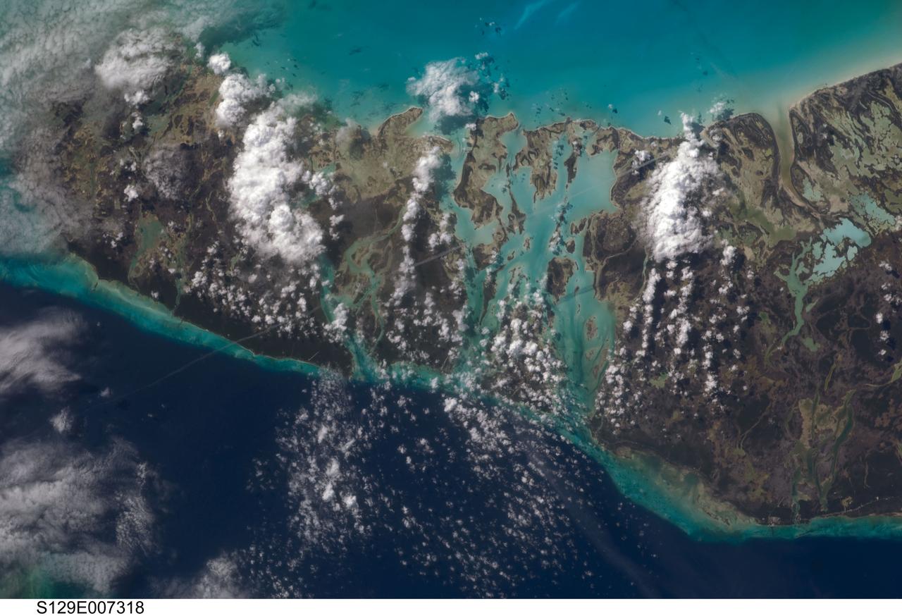 S129-E-007318 (21 Nov. 2009) --- This scene of the Bahamas’ Andros Island and the Tongue of the Ocean was captured by one of the STS-129 crew members aboard the space shuttle Atlantis during flight day six activities. This scene from Earth orbit appears much more peaceful than earlier in the month, when Hurricane/Tropical Storm Ida was not only  threatening but seriously affecting several areas in several oceans. The dark blue area, aptly named "Tongue of the Ocean", is characterized by water depths as great as 3000 meters (almost two miles). The Atlantic Ocean just east of Eleuthra Island is nearly  5000 meters deep. By comparison, the waters of the Bahama Platform are less than 15 meters deep.