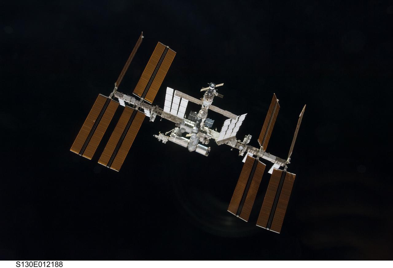 S130-E-012188 (19 Feb. 2010) --- Surrounded by the blackness of space, the International Space Station is featured in this image photographed by an STS-130 crew member on space shuttle Endeavour after the station and shuttle began their post-undocking relative separation. Undocking of the two spacecraft occurred at 7:54 p.m. (EST) on Feb. 19, 2010.