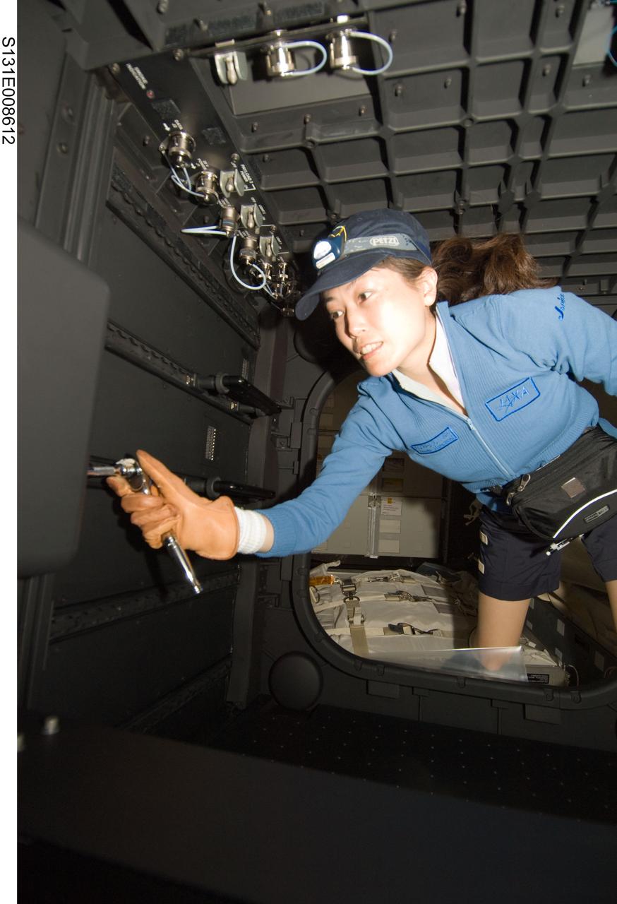 S131-E-008612 (10 April 2010) --- Japan Aerospace Exploration Agency (JAXA) astronaut Naoko Yamazaki, STS-131 mission specialist, works in the Window Observational Research Facility (WORF) in the Destiny laboratory of the International Space Station while space shuttle Discovery remains docked with the station. WORF will provide cameras, multispectral and hyperspectral scanners, camcorders and other instruments to capture Earth imagery through Destiny?s nadir window.