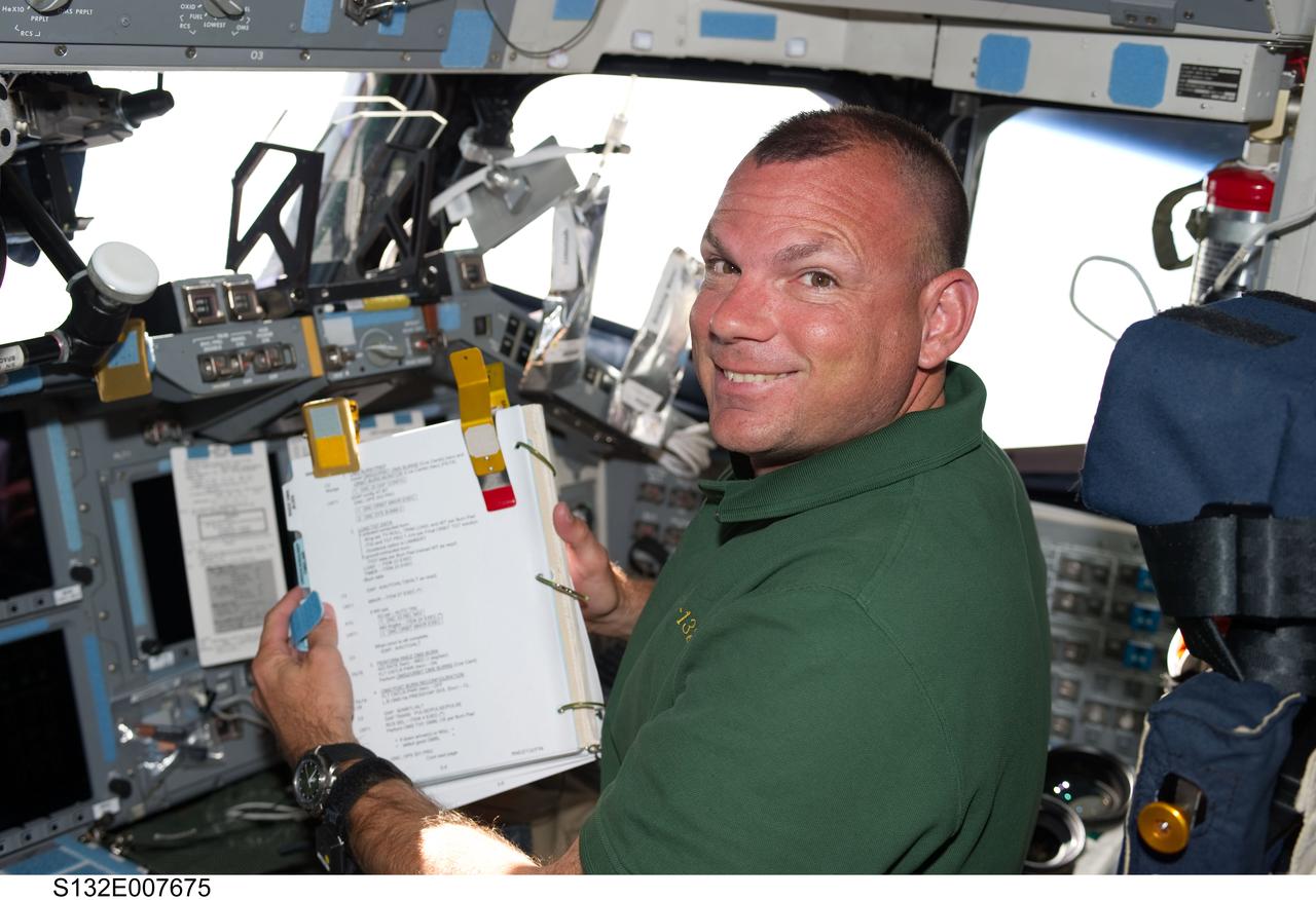 S132-E-007675 (16 May 2010) --- NASA astronaut Tony Antonelli, STS-132 pilot, is pictured at the pilot’s station on the forward flight deck of the space shuttle Atlantis during flight day three activities.
