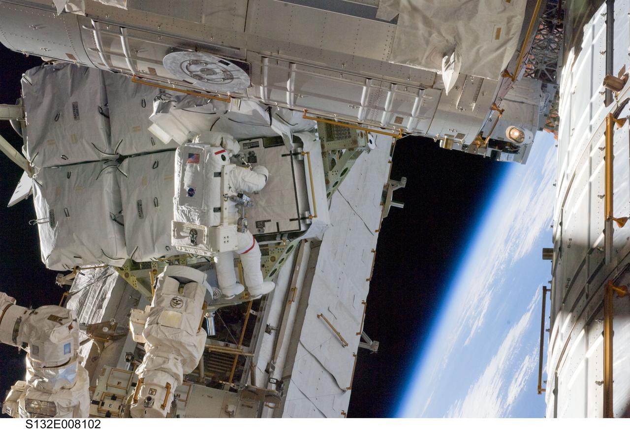 S132-E-008102 (17 May 2010) --- NASA astronaut Steve Bowen, STS-132 mission specialist, participates in the mission's first session of extravehicular activity (EVA) as construction and maintenance continue on the International Space Station. During the seven-hour, 25-minute spacewalk, Bowen and NASA astronaut Garrett Reisman (out of frame), mission specialist, loosened bolts holding six replacement batteries, installed a second antenna for high-speed Ku-band transmissions and adding a spare parts platform to Dextre, a two-armed extension for the station’s robotic arm.