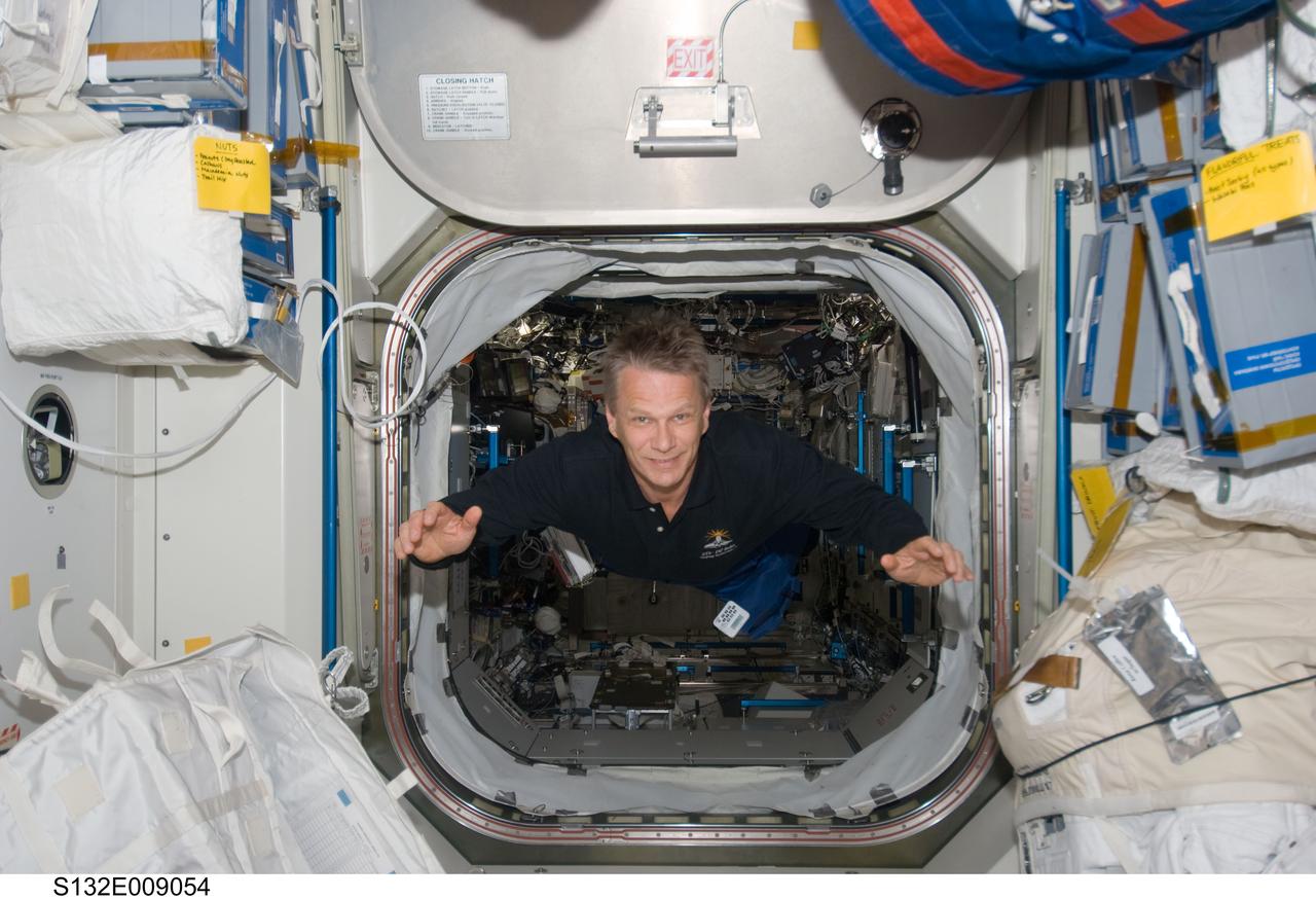 S132-E-009054 (21 May 2010) --- NASA astronaut Piers Sellers' "stroll" through the International Space Station on May 21 may be in celebration of the completion of three successful space walks on the orbital outpost, performed outside by three of his crewmates working in pairs on three separate days, and supported inside by the other ten astronauts and cosmonauts. Photo credit: NASA or National Aeronautics and Space Administration