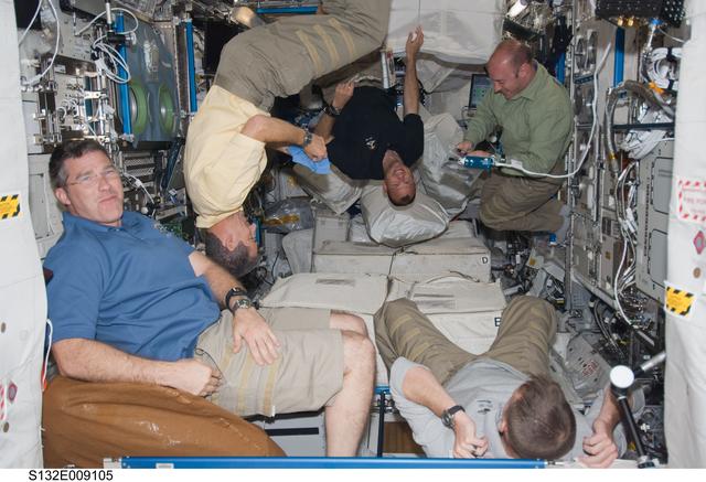NASA image: STS-132 Crewmembers in the Columbus Module during Joint Operations