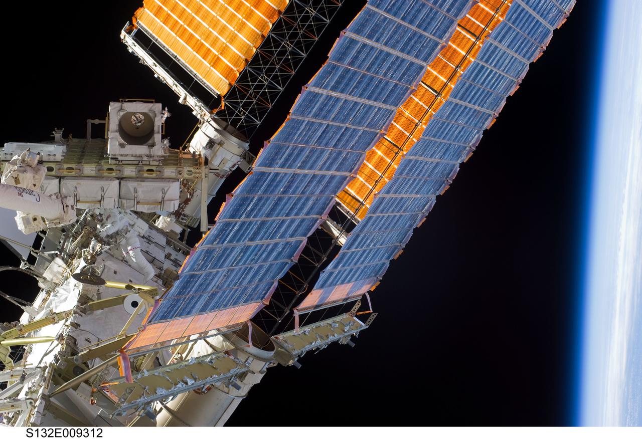 S132-E-009312 (21 May 2010) --- NASA astronaut Michael Good, STS-132 mission specialist, participates in the mission’s third and final session of extravehicular activity (EVA) as construction and maintenance continue on the International Space Station. During the six-hour, 46-minute spacewalk, Good and NASA astronaut Garrett Reisman (out of frame), mission specialist, completed the installation of the final two of the six new batteries for the B side of the port 6 solar array. In addition, the astronauts installed a backup ammonia jumper cable between the port 4 and 5 trusses of the station, transferred a Power and Data Grapple Fixture from the shuttle to the station, and reconfigured some tools.