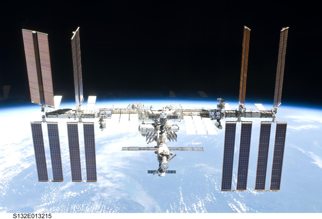 Flyaround view of the International Space Station (ISS) taken from STS-132 Space Shuttle Atlantis after separation.