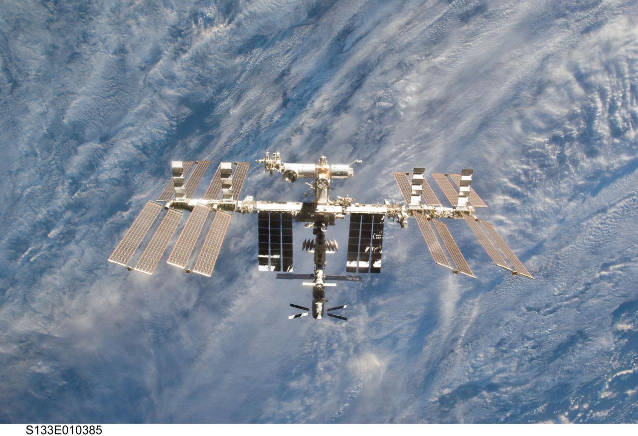 S133-E-010385 (7 March 2011) --- The International Space Station is featured in this image photographed by an STS-133 crew member on space shuttle Discovery after the station and shuttle began their post-undocking relative separation. Undocking of the two spacecraft occurred at 7 a.m. (EST) on March 7, 2011. Discovery spent eight days, 16 hours, and 46 minutes attached to the orbiting laboratory. Photo credit: NASA or National Aeronautics and Space Administration