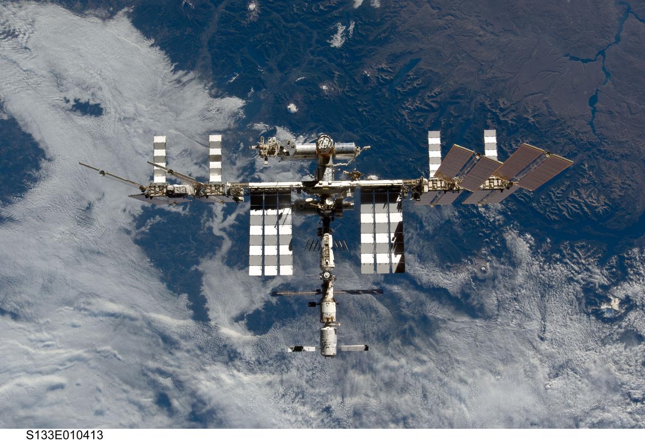 S133-E-010413 (7 March 2011) --- The International Space Station is featured in this image photographed by an STS-133 crew member on space shuttle Discovery after the station and shuttle began their post-undocking relative separation. Undocking of the two spacecraft occurred at 7 a.m. (EST) on March 7, 2011. Discovery spent eight days, 16 hours, and 46 minutes attached to the orbiting laboratory. Photo credit: NASA or National Aeronautics and Space Administration
