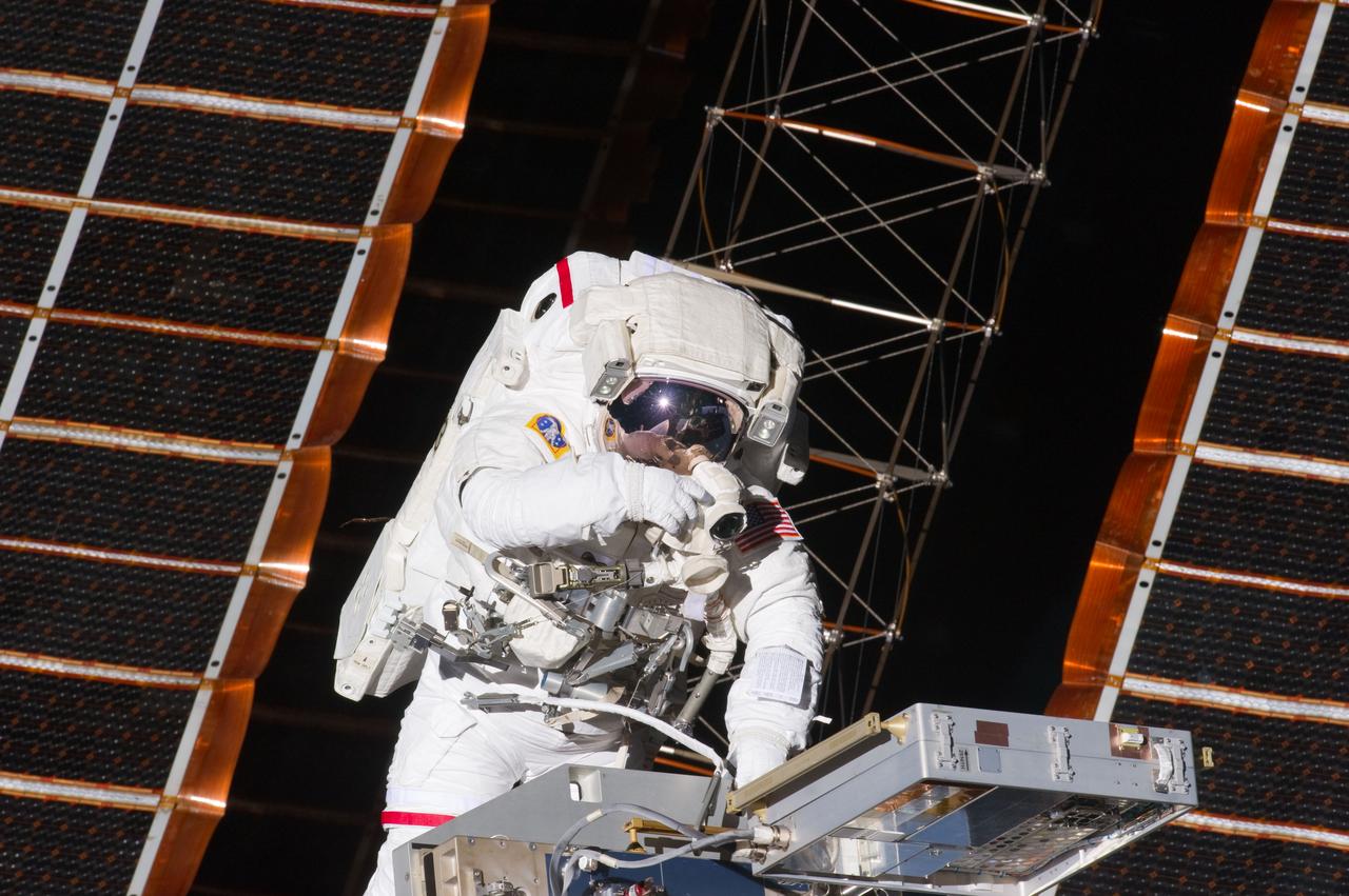 S134-E-007597 (20 May 2011) --- NASA astronaut Andrew Feustel, STS-134 mission specialist, participates in the mission's first session of extravehicular activity (EVA) as construction and maintenance continue on the International Space Station. During the six-hour, 19-minute spacewalk, Feustel and astronaut Greg Chamitoff (out of fame) retrieved long-duration materials exposure experiments and installed another, installed a light on one of the station?s rail line handcarts, made preparations for adding ammonia to a cooling loop and installed an antenna for the External Wireless Communication system. Photo credit: NASA