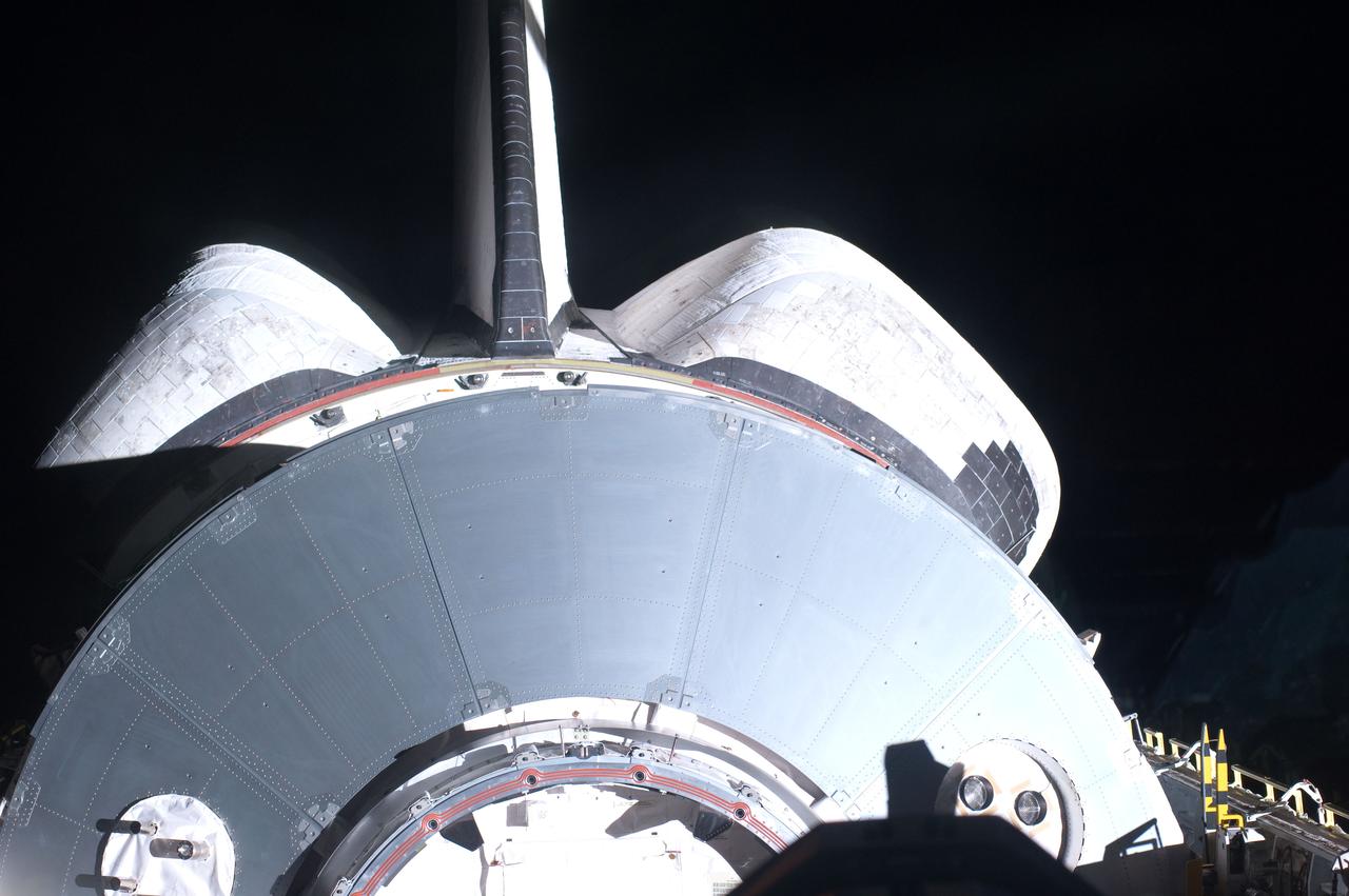 S135-E-006440 (9 July 2011) ---  Part of the Raffaello multi-purpose logistics module, packed with supplies and spare parts for the International Space Station, the vertical stabilizer of space shuttle Atlantis and the orbital maneuvering system (OMS) pods are seen in this view photographed by one of the STS-135 crewmembers using windows on the spacecraft's aft flight deck during the mission's second day of activities in Earth orbit.  Photo credit: NASA