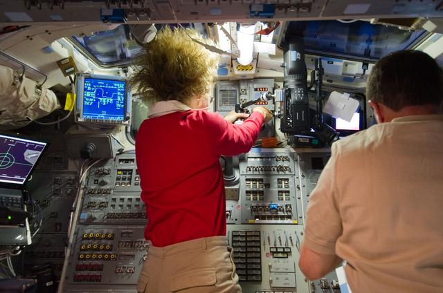 NASA image: Magnus and Walheim on Atlantis Aft Flight Deck during Rendezvous OPS