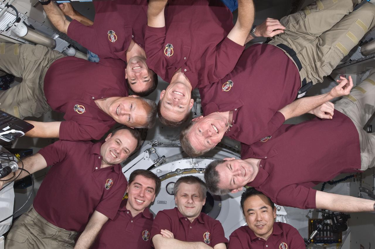 S135-E-008048 (15 July 2011) --- In an occurrence which became somewhat of a tradition for shuttle crews and those of the International Space Station expeditions, the Expedition 28 crew and the STS-135 Atlantis astronauts formed a microgravity circle for a portrait aboard the orbiting complex's Kibo laboratory of the Japan Aerospace Exploration Agency. The STS-135 crew consists of NASA astronauts Chris Ferguson, Doug Hurley, Sandy Magnus and Rex Walheim; the Expedition 28 crewmembers are JAXA astronaut Satoshi Furukawa, NASA astronauts Ron Garan and Mike Fossum, and Russian cosmonauts Andrey Borisenko, Alexander Samokutyaev and Sergei Volkov. Shuttle and station commanders Ferguson and Borisenko are in the 12 o'clock and six o'clock positions, respectively, on the microgravity circle. Photo credit: NASA