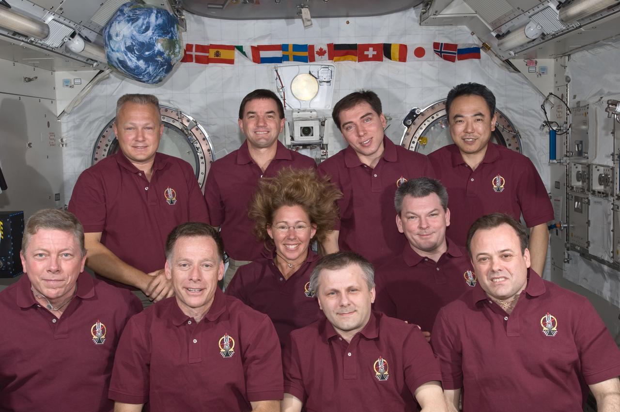 S135-E-008082 (15 July 2011) --- The Expedition 28 crew and the STS-135 Atlantis astronauts take a break from a busy day in space to pose for a portrait aboard the orbiting complex's Kibo laboratory of the Japan Aerospace Exploration Agency. The STS-135 crew consists of NASA astronauts Chris Ferguson, Doug Hurley, Sandy Magnus and Rex Walheim; the Expedition 28 crewmembers are JAXA astronaut Satoshi Furukawa, NASA astronauts Ron Garan and Mike Fossum, and Russian cosmonauts Andrey Borisenko, Alexander Samokutyaev and Sergei Volkov. The photo is arranged thusly: left to right in the front row are Fossum, Ferguson Borisenko and Garan; in the middle row are Magnus and Samokutyaev; and the back row consists of Hurley, Walheim, Volkov and Furukawa. Photo credit: NASA