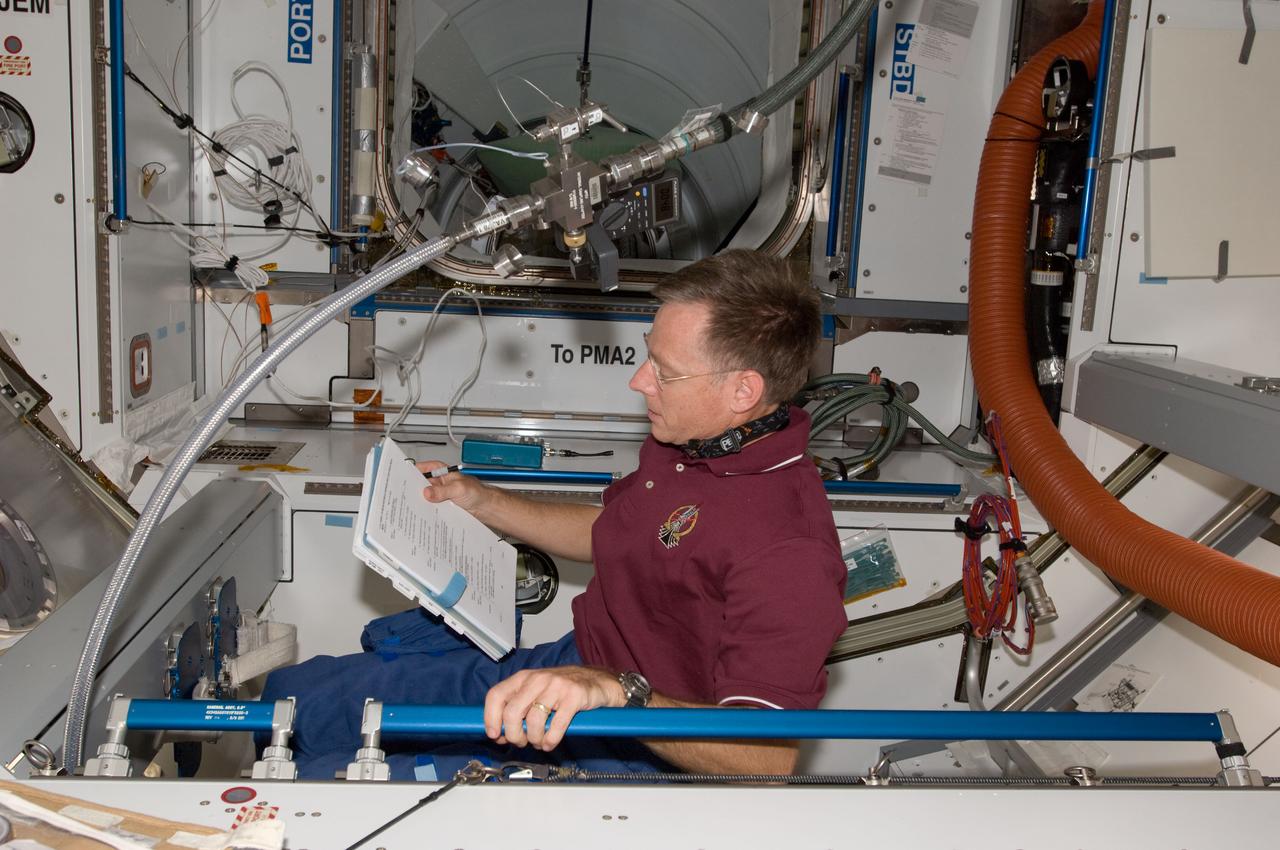 S135-E-009509 (18 July 2011) --- In the Node 2 or Harmony on the International Space Station, NASA astronaut Chris Ferguson, STS-135 commander, is getting ready to join crewmates (out of frame) to uninstall the Raffaello multi-purpose logistics module and transfer it back to the payload bay of Atlantis. Photo credit: NASA