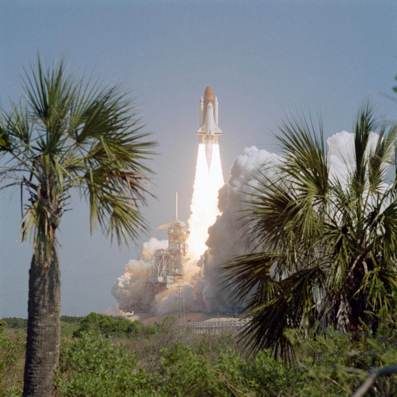 STS029-S-027 (13 March 1989) --- From Launch Pad 39D, the Space Shuttle Discovery is launched on mission STS-29.  Discovery lifted off at 9:57 a.m. (EST), March 13, 1989, carrying the tracking and data relay satellite (TDRS-1) into orbit.  Florida vegetation frames the launch scene.  Onboard the spacecraft were astronauts Michael L. Coats, commander; John E. Blaha, pilot; and James F. Buchli, James P. Bagian and Robert C. Springer, all mission specialists.