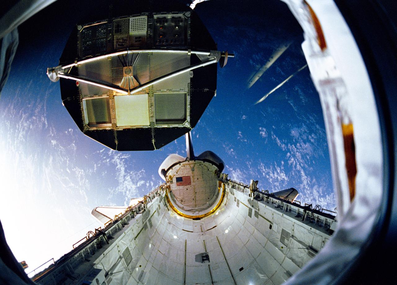 STS032-544-010 (12 Jan 1990) --- Canadian-built RMS suspends LDEF over cargo bay during extensive in-space survey.