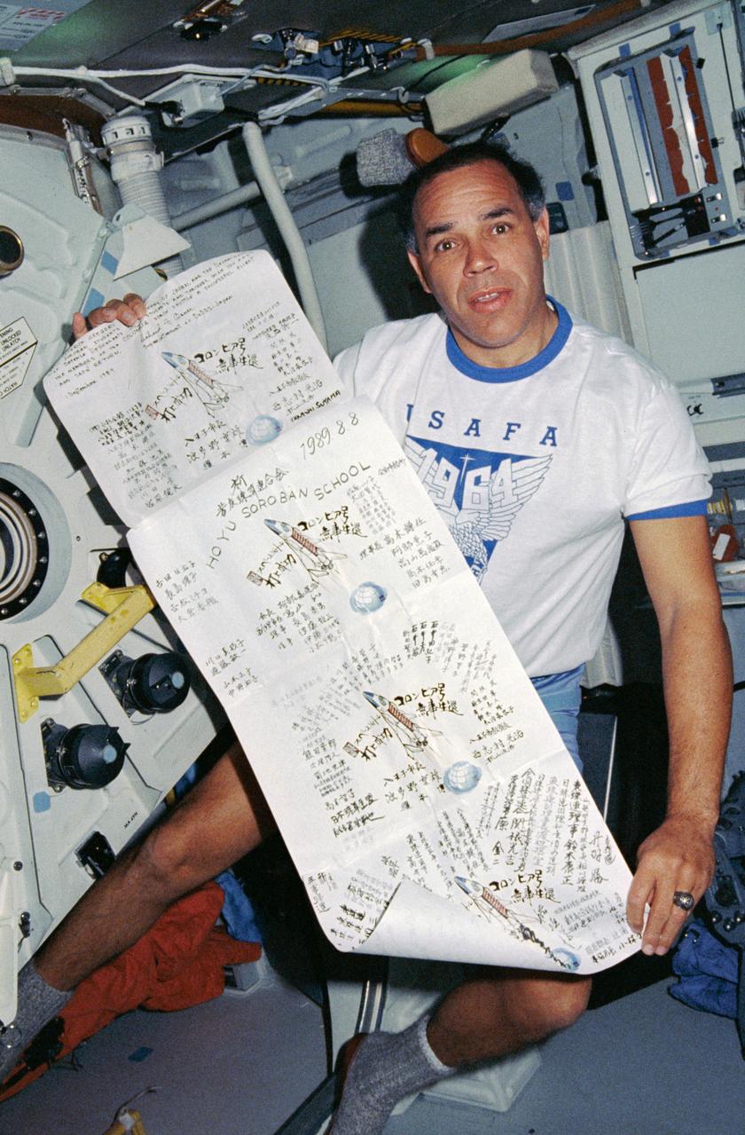 STS033-03-008 (22-27 Nov 1989) --- Astronaut Frederick D. Gregory, STS-33 commander, displays a letter from a special group of well-wishers. The letter is signed by the superintendent of Department of Defense Dependents School in Japan. It was carried onboard Discovery for the five-day DOD-devoted mission.