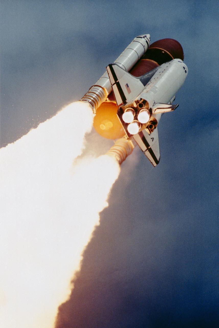 STS040-S-134 (5 June 1991) --- The space shuttle Columbia, with a seven-member crew aboard, soars toward a nine-day mission devoted to life sciences research. Launch was at 9:24:51 a.m. (EDT), June 5, 1991. This 35mm photo was taken by a remote control tracking device mounted 1600 feet from epicenter. Photo credit: NASA