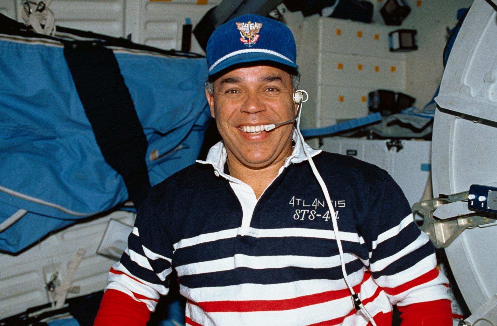 STS-44 Commander Frederick Gregory wears a USAF Academy cap on board Space Shuttle Atlantis