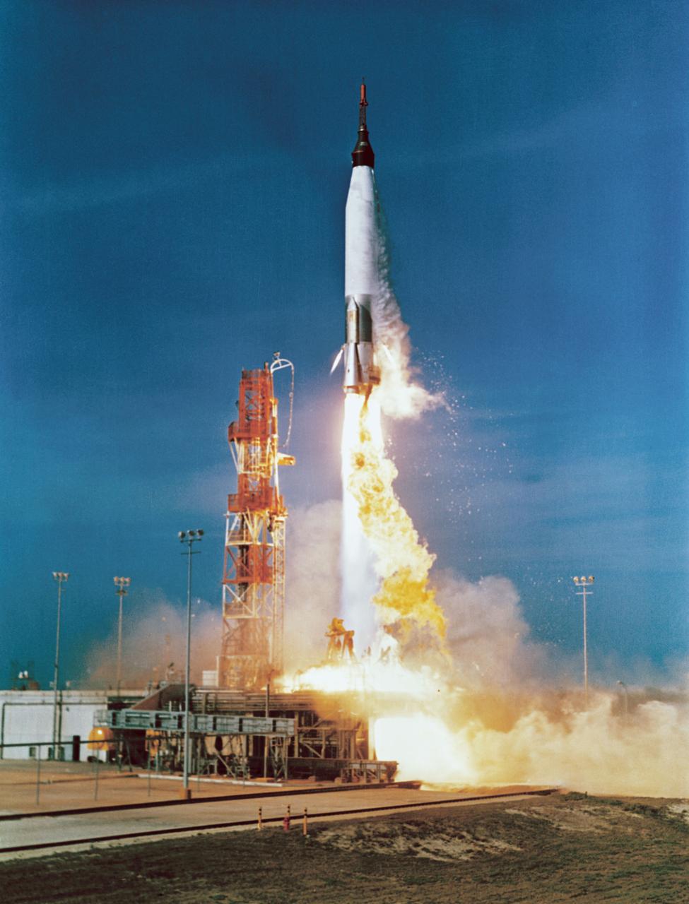 S61-01226 (21 Feb. 1961) --- Launch of the unmanned Mercury-Atlas 2 (MA-2) vehicle for a suborbital test flight of the Mercury capsule. The upper part of Atlas is stengthened by an eight-inch wide stainless steel band. The capsule was recovered less than one hour after launch. The altitude was 108 miles. Speed was 13,000 mph. Recovered 1,425 miles downrange. Photo credit: NASA