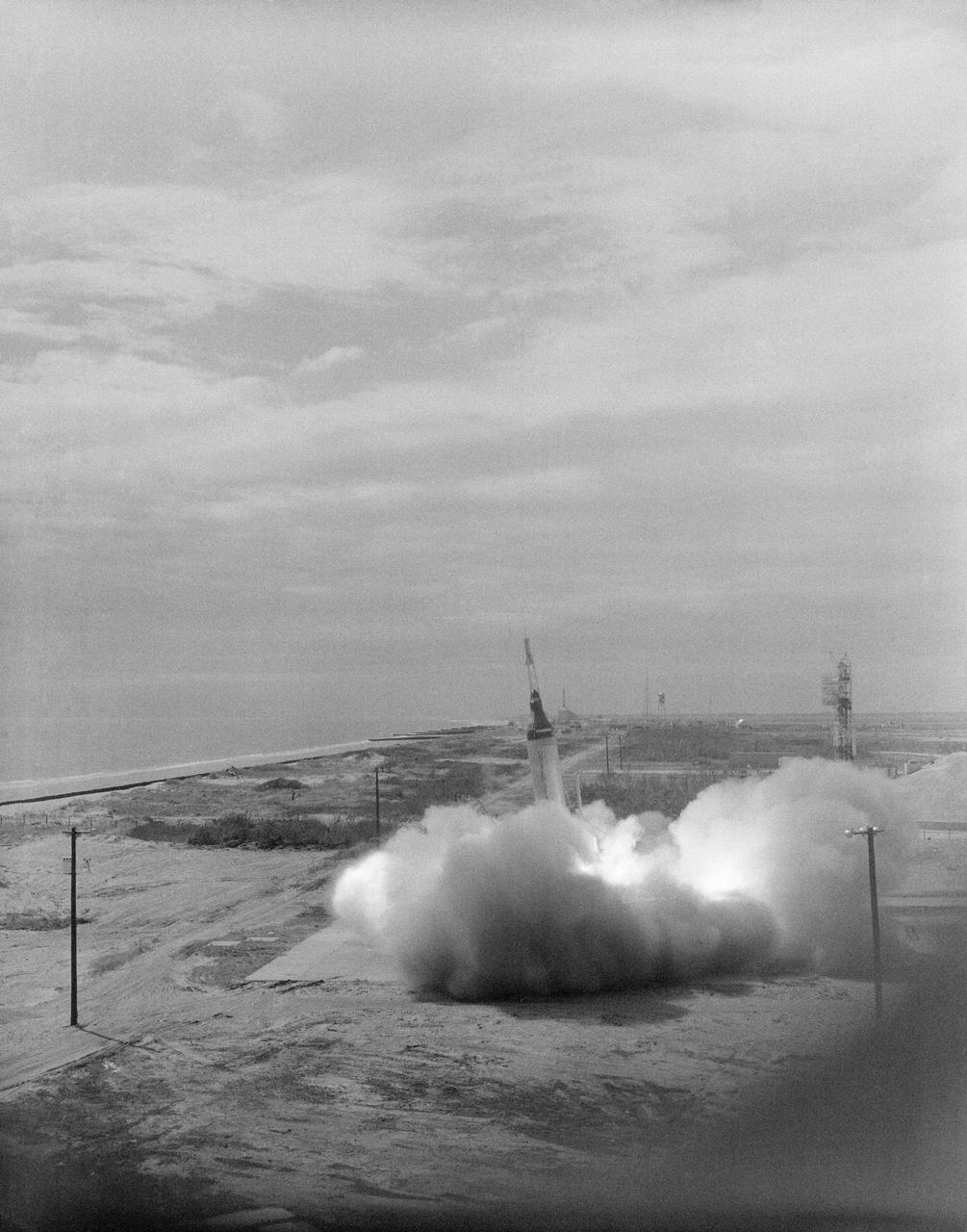 S61-01372 (21 Feb. 1961) --- Launch of the unmanned Mercury-Atlas 2 (MA-2) vehicle for a suborbital test flight of the Mercury capsule. The upper part of Atlas is stengthened by an eight-inch wide stainless steel band. The capsule was recovered less than one hour after launch. The altitude was 108 miles. Speed was 13,000 mph. Recovered 1,425 miles downrange. Photo credit: NASA