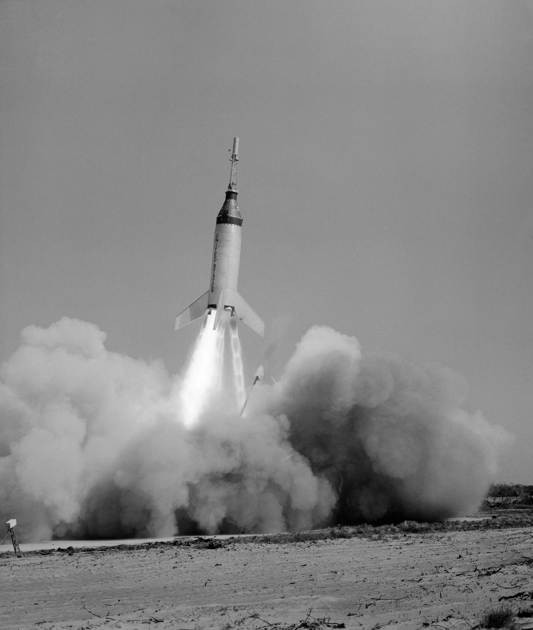 S61-01690 (28 April 1961) --- View of the launch of the Little Joe-5B spacecraft from Wallops Island on April 28, 1961. Photo credit: NASA
