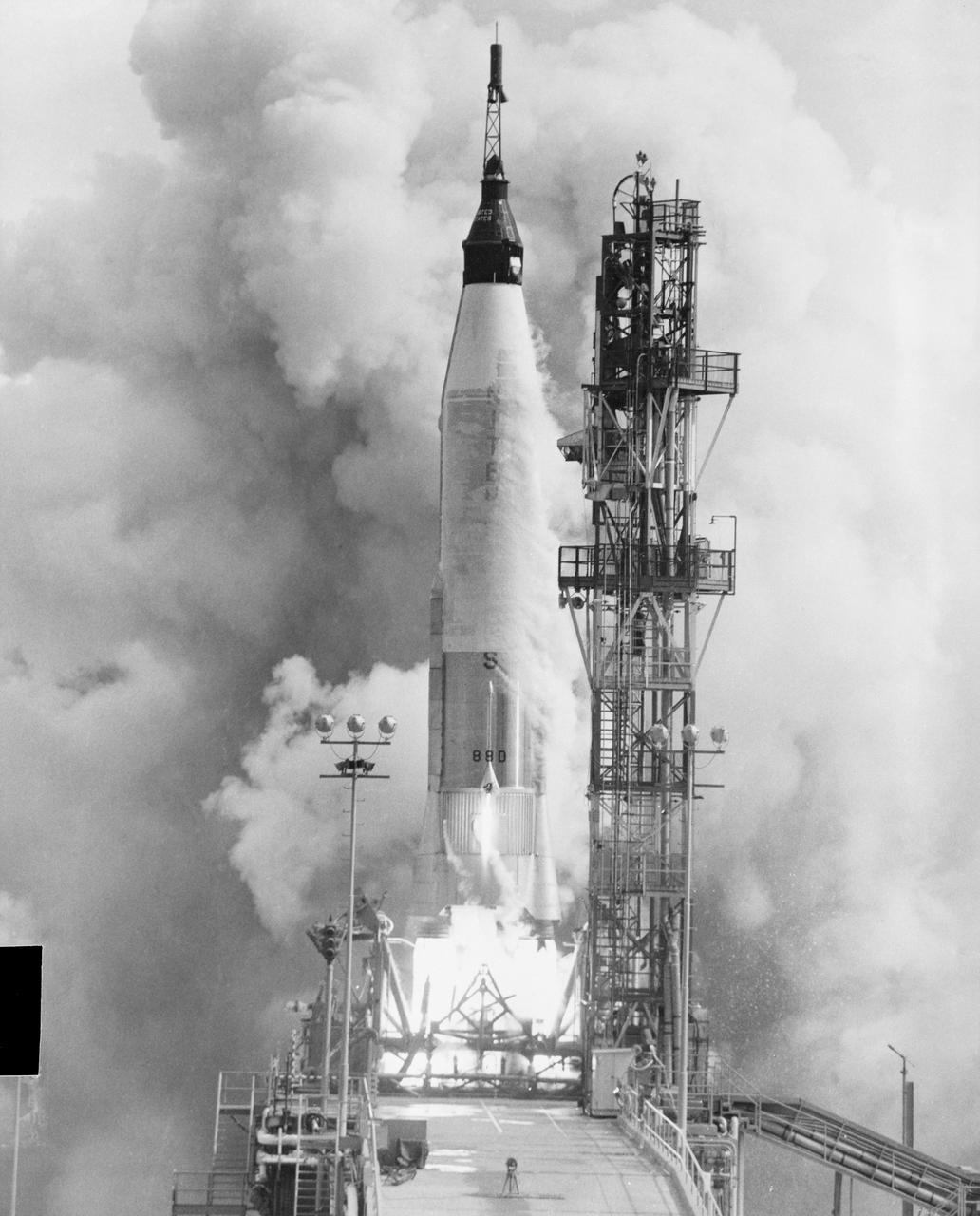 S61-03567 (13 Sept. 1961) --- View of the launch of Mercury-Atlas 4 (MA-4) spacecraft from Cape Canaveral, Florida on Sept. 13, 1961. Photo credit: NASA