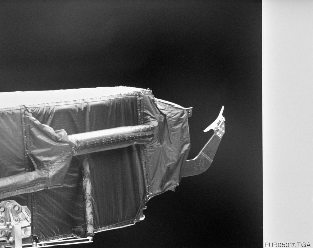 S61-E-015 (6 Dec 1993) --- A close-up view of the aft part of the new Wide Field/Planetary Camera (WFPC-II) installed on the Hubble Space Telescope (HST). WFPC-II was photographed with the Electronic Still Camera (ESC) from inside Endeavour's cabin as astronauts F. Story Musgrave and Jeffrey A. Hoffman moved it from its stowage position onto the giant telescope. Electronic still photography is a relatively new technology which provides the means for a handheld camera to electronically capture and digitize an image with resolution approaching film quality. The electronic still camera has flown as an experiment on several other shuttle missions.