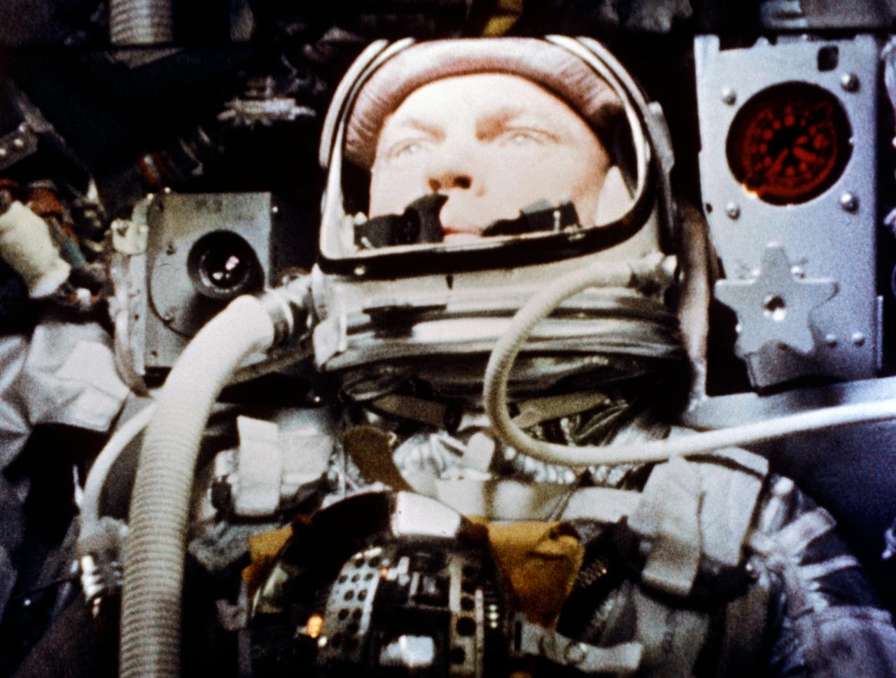 S62-00303 (20 Feb. 1962) --- A camera onboard the "Friendship 7" Mercury spacecraft photographs astronaut John H. Glenn Jr. during the Mercury-Atlas 6 spaceflight. Photo credit: NASA