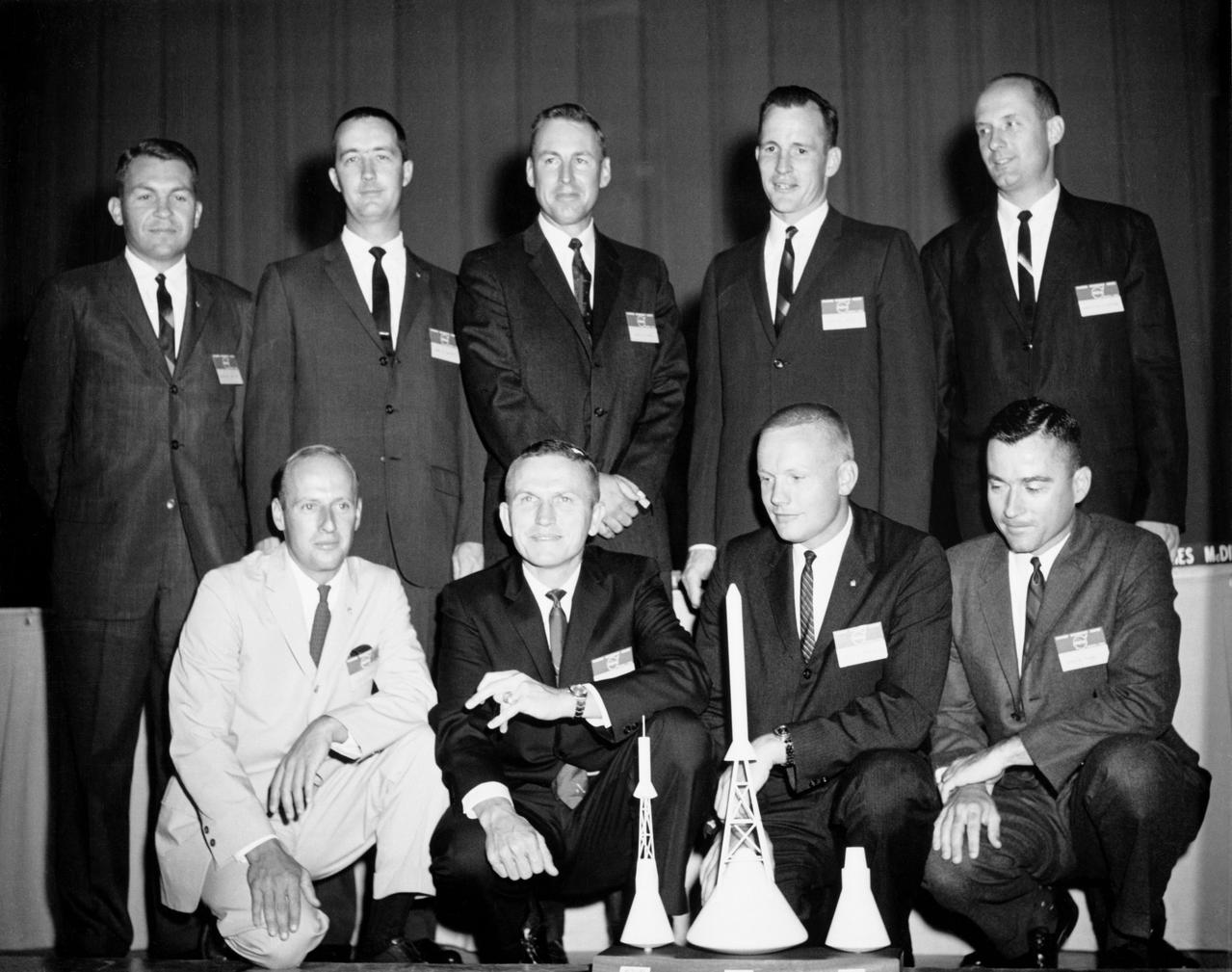S62-03982 (September 1962) --- New National Aeronautics and Space Administration (NASA) Manned Spacecraft Center (MSC) flight crew personnel. Kneeling (left to right) are astronauts Charles Conrad Jr., Frank Borman, Neil A. Armstrong and John W. Young. Standing (left to right) are astronauts Elliot M. See Jr., James A. McDivitt, James A. Lovell Jr., Edward H. White II, and Thomas P. Stafford. Photo credit: NASA or National Aeronautics and Space Administration