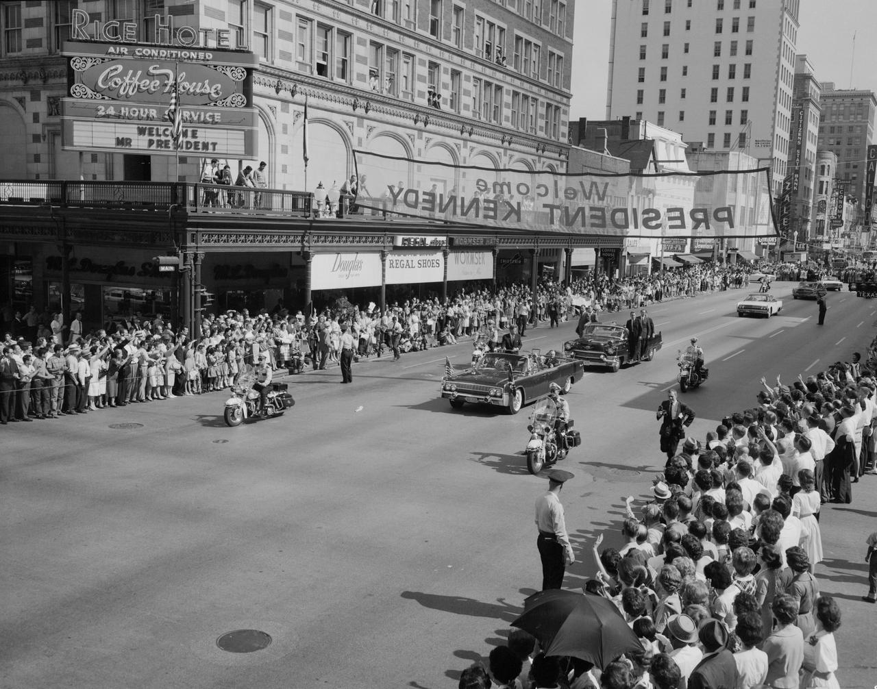 John F. Kennedy, parade downtown, tour.       B&W