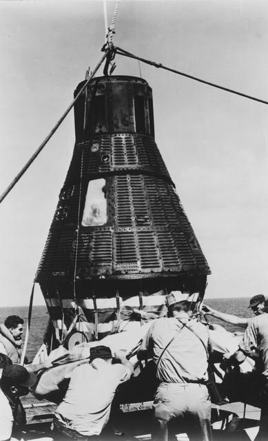 NASA image: Closeup View - Sigma "7" Capsule - Recovery Ship