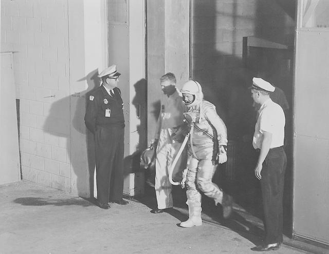 NASA image: Astronaut John Glenn leaving crew quarters prior to launch