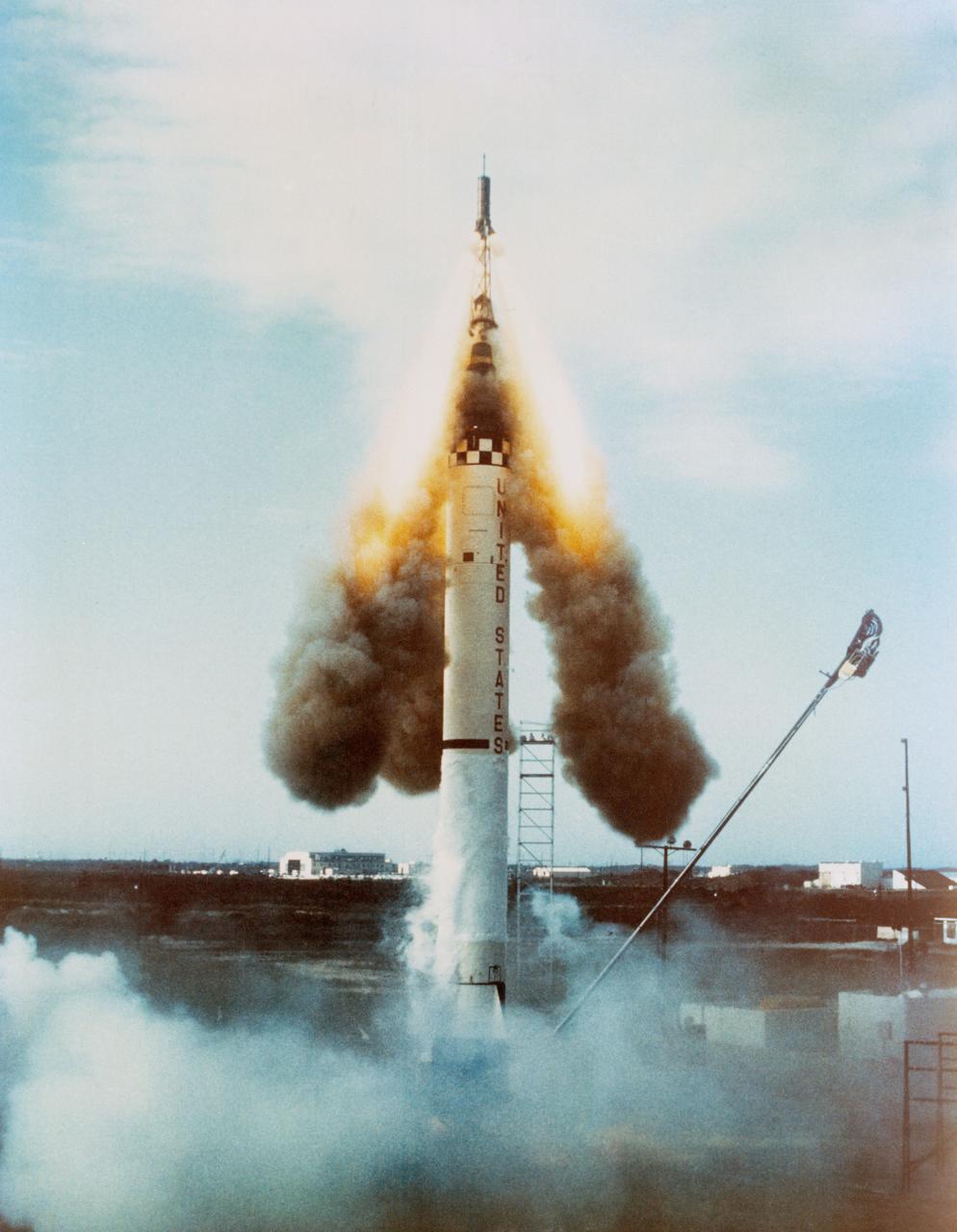 S63-00193 (29 July 1960) --- Launch of the unmanned Mercury-Atlas 1 (MA-1) from Cape Canaveral, Florida. Premature engine cutoff at launch terminated the test. Emergency escape system jettisoned. The Altas exploded 65 seconds after launch. Photo credit: NASA