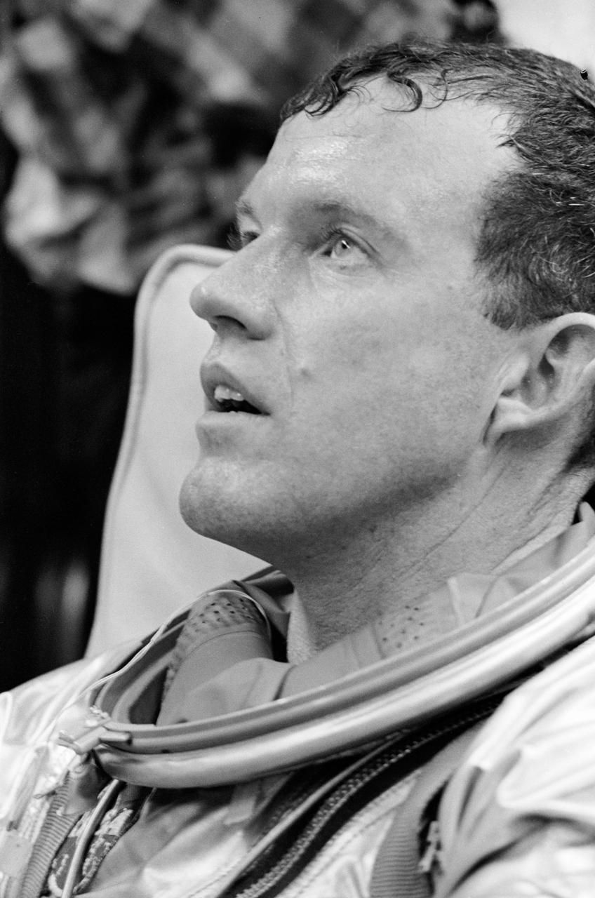S63-03984 (1963) --- Astronaut L. Gordon Cooper Jr., prime pilot for the Mercury-Atlas 9 (MA-9) mission, is pictured just after his helmet had been removed. He has just spent approximately five hours in the spacecraft during altitude chamber tests. Photo credit: NASA