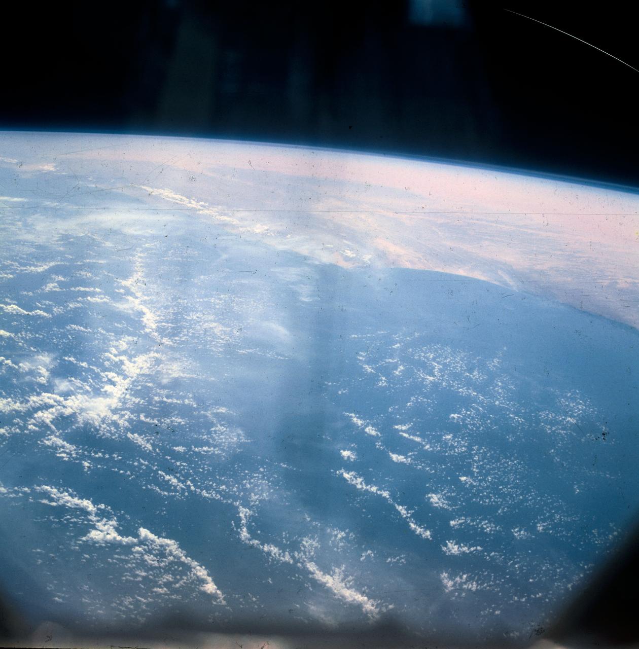 S63-06434 (15-16 May 1963) --- East looking view across Atlantic waters toward Africa, showing Mauritania and Spanish Sahara photographed from the Mercury-Atlas 9 (MA-9) capsule by astronaut L. Gordon Cooper Jr., during his 22-orbit MA-9 spaceflight. Photo credit: NASA