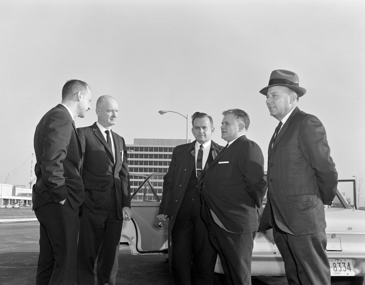 George Low, Joseph Piland, Philip Hamburger, Congressman Olin Teague from Texas; and, Congressman Joe D. Waggoner from Louisiana at the entrance to Site 1, Clear Lake, prior to briefing for the House Subcommittee on Manned Spaceflight.            MSC, Houston, TX