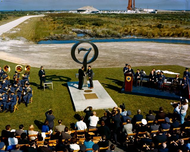 NASA image:    Wide angle view of thef Mercury 7 memorial dedication 