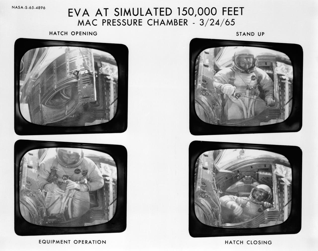 S65-04896 (24 March 1965) --- Astronaut Edward H. White II, pilot of the Gemini-Titan 4 prime crew, is shown in the pressure chamber at McDonnell Aircraft Corp, St. Louis, Mo. during the simulation of extravehicular activity (EVA) at an altitude of 150,000 feet.