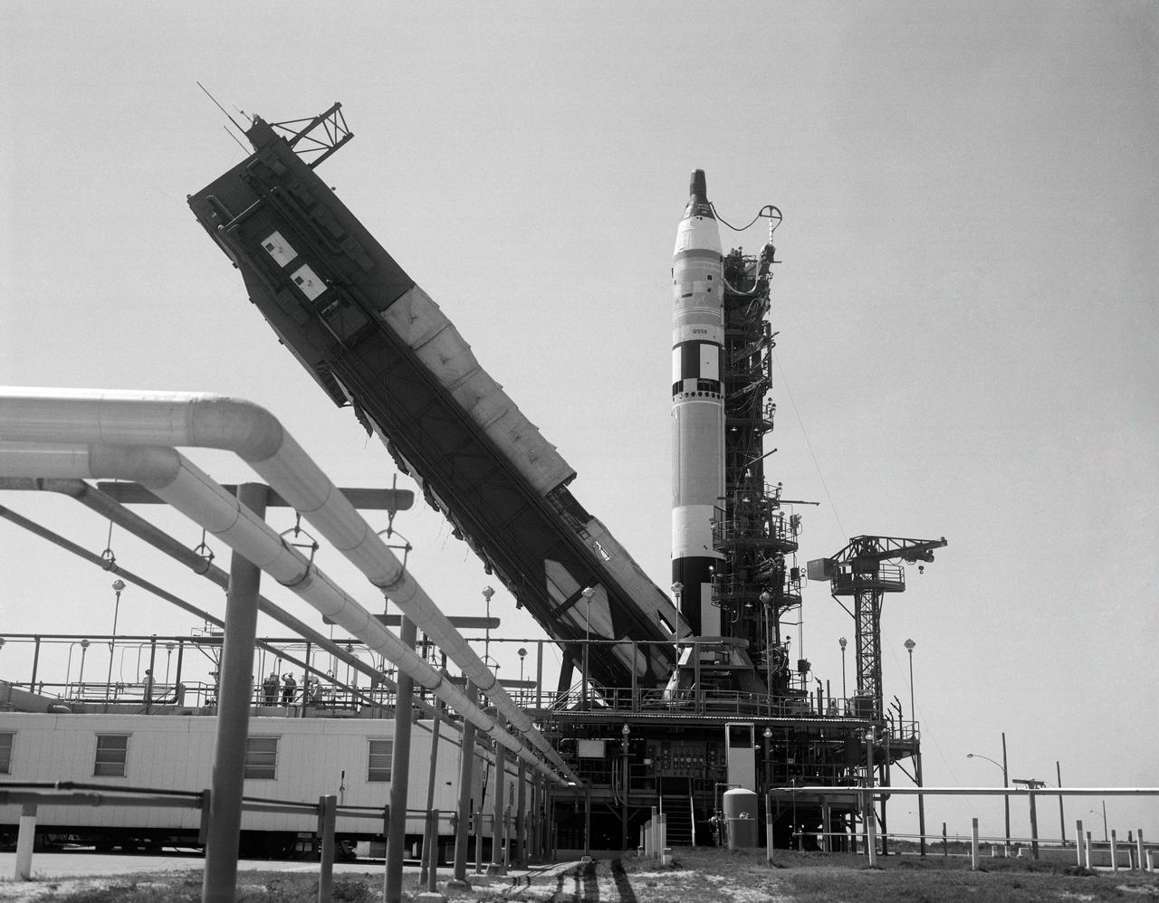 S65-20638 (1965) --- Gemini erector is lowered for test simulations for the Gemini-Titan 3 flight.