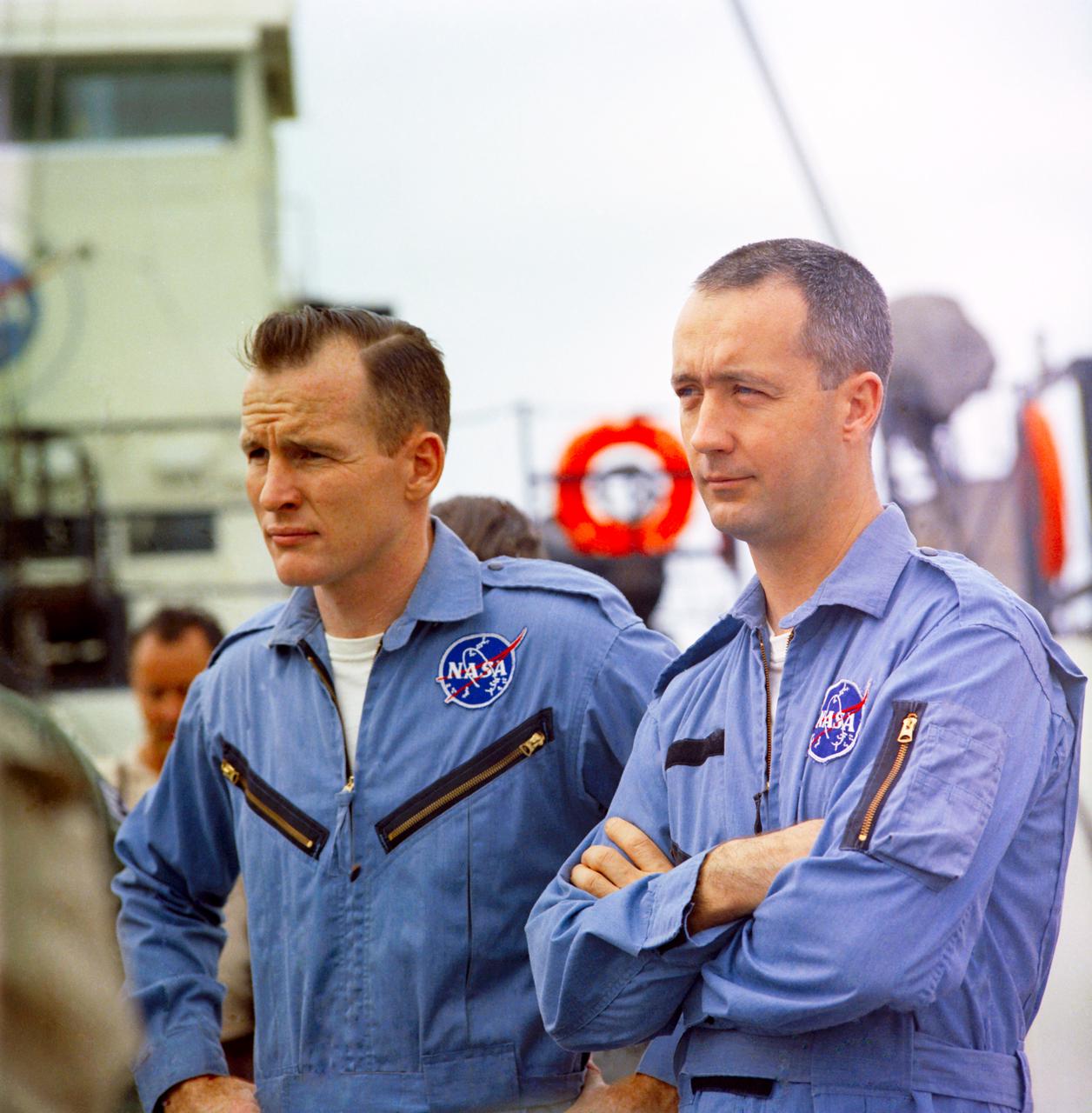 S65-22656 (14 April 1965) --- The Gemini-Titan 4 prime crew, astronauts Edward H. White II (left), pilot, and James A. McDivitt, command pilot, pictured aboard the NASA Motor Vessel Retriever in the Gulf of Mexico.