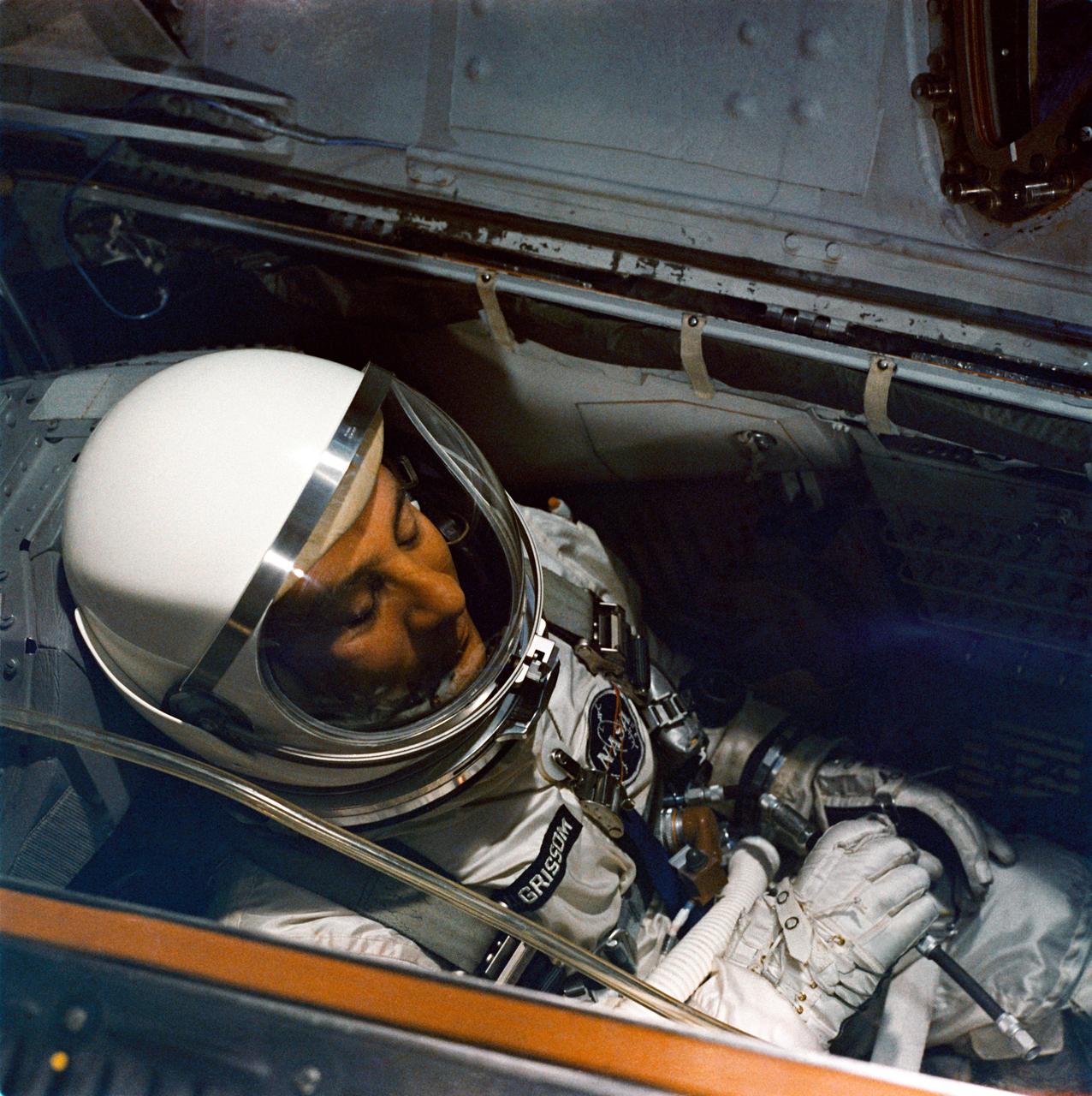 S65-22665 (8 March 1965) --- Astronaut Virgil I. Grissom, the command pilot of the Gemini-Titan 3 prime crew, is shown in the Gemini-3 spacecraft at Pad 19 during GT-3 checkout.