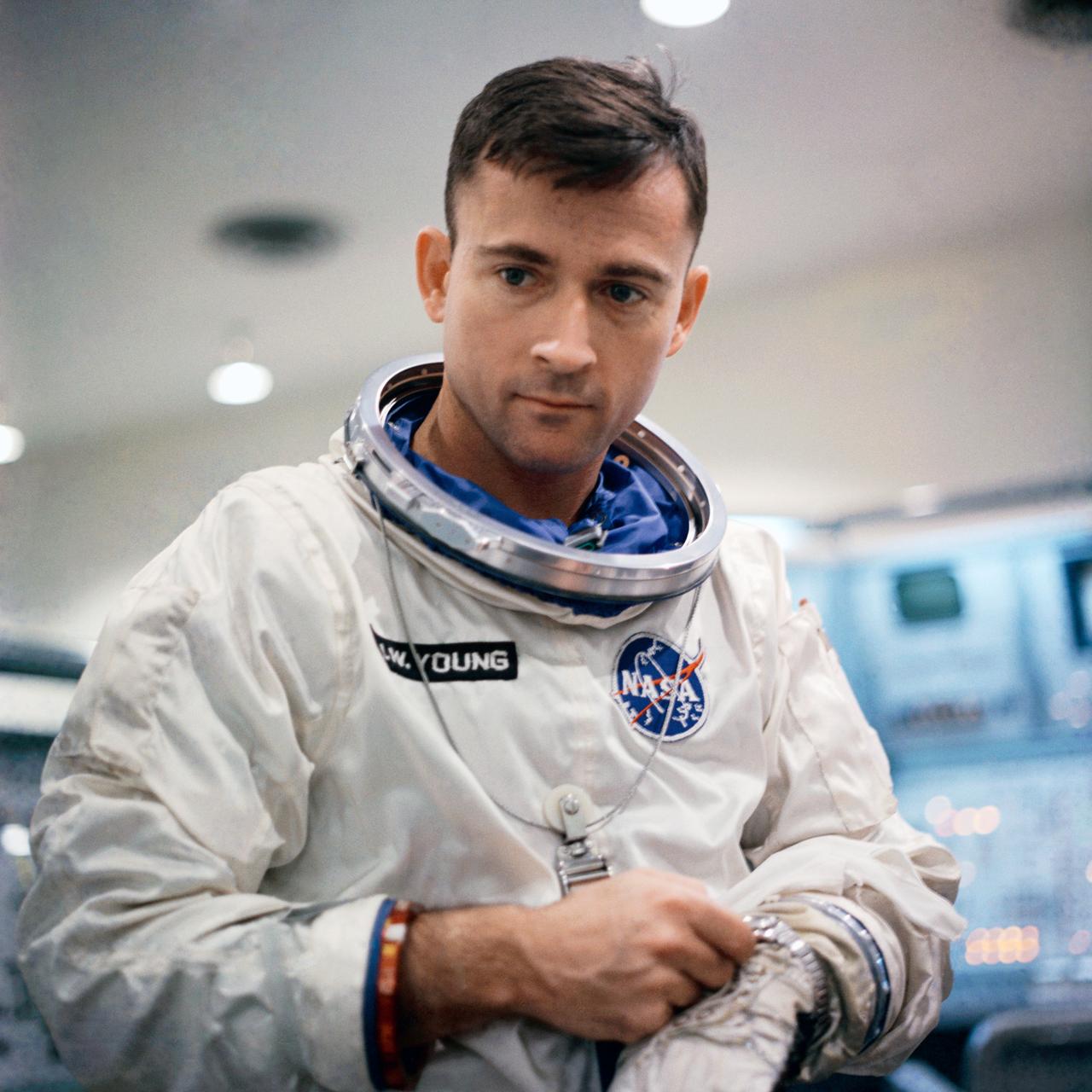 S65-22670 (8 March 1965) --- Astronaut John W. Young, the pilot of the Gemini-Titan 3 prime crew, is shown suited up for GT-3 prelaunch test exercises.