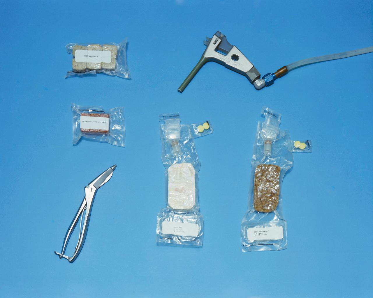 Food packages for use on the Gemini-Titan 4 (GT-4) flight. Packages include beef and gravy, peaches, strawberry cereal cubes and beef sandwiches. A water gun is used to reconstitute the dehydrated food. MSC, HOUSTON, TX CN