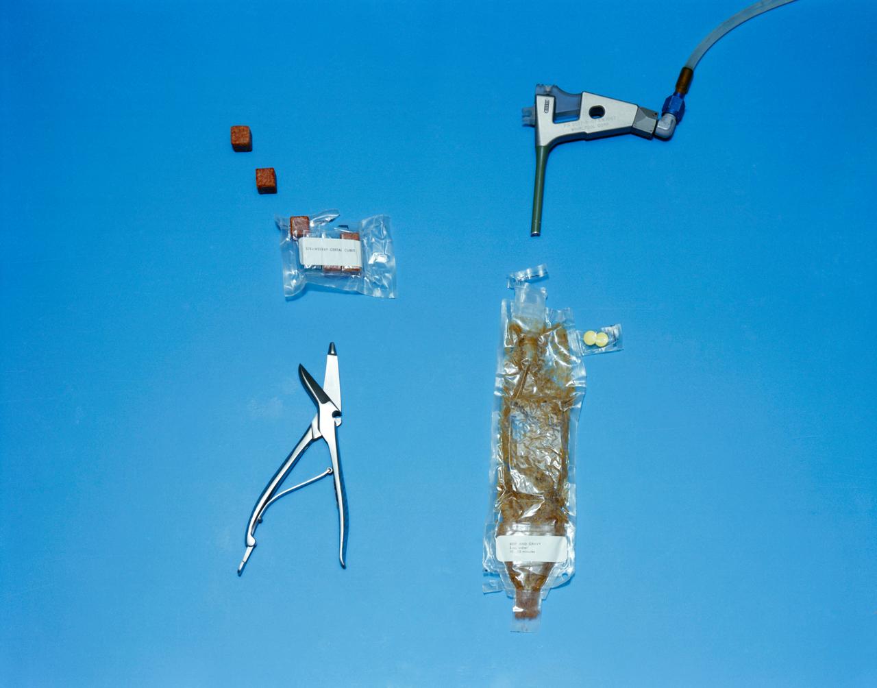 Food packages of beef and gravy fully reconstituted and ready to eat. An astronaut would squeeze food through opening at right side of package. Water gun is used to reconstitute dehydrated food. Scissors are used to open packages. This is the type of space food which will be used on the Gemini-Titan 4 spaceflight.                  MSC, Houston, TX            *S65-24895 thru S65-24899