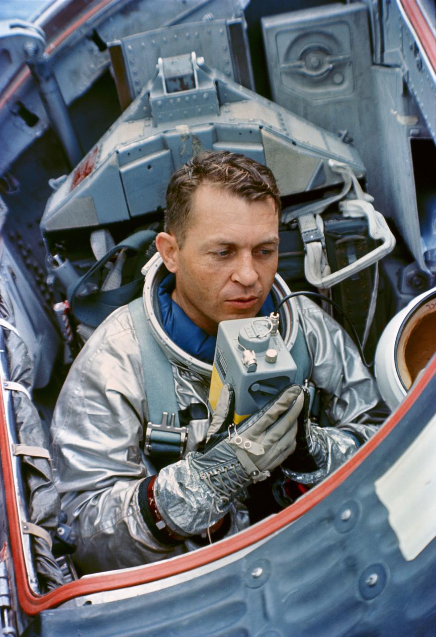 Astronaut Elliot M. See, Jr., inside Gemini Static Article (SA)-5 Spacecraft prior to Water Egress Training in the Gulf of Mexico. Astronaut See is Pilot for the Gemini-5 Backup Crew. GULF OF MEXICO