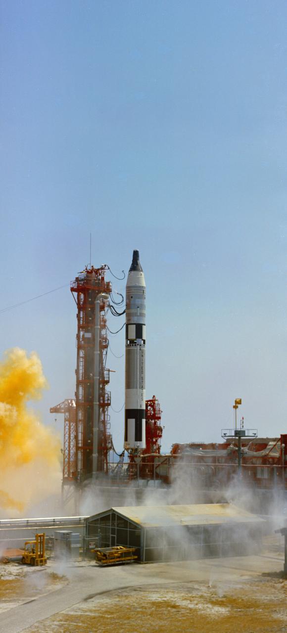 S65-30412 (3 June 1965) --- The Gemini-Titan 4 (GT-4) spaceflight launches from Cape Kennedy's Pad 19 at 10:16 a.m. (EST) on June 3, 1965. The GT-4 spacecraft carried astronauts James A. McDivitt, command pilot, and Edward H. White II, pilot, on a four-day, 62-revolution mission. Photo credit: NASA