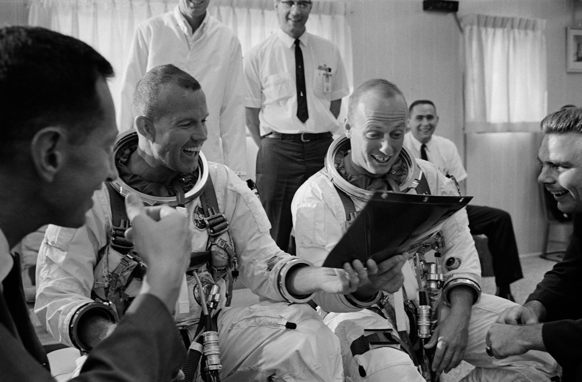 Gordon Cooper and Pete Conrad suit up before Gemini 5 flight