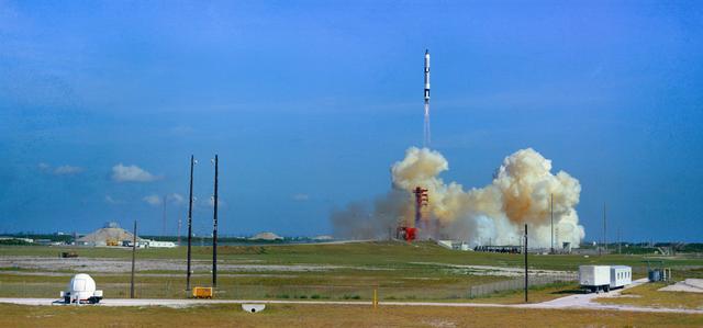 NASA image: Launch of the Gemini 5 spacecraft from Pad 19 at 9 a.m. Aug. 21, 1965.